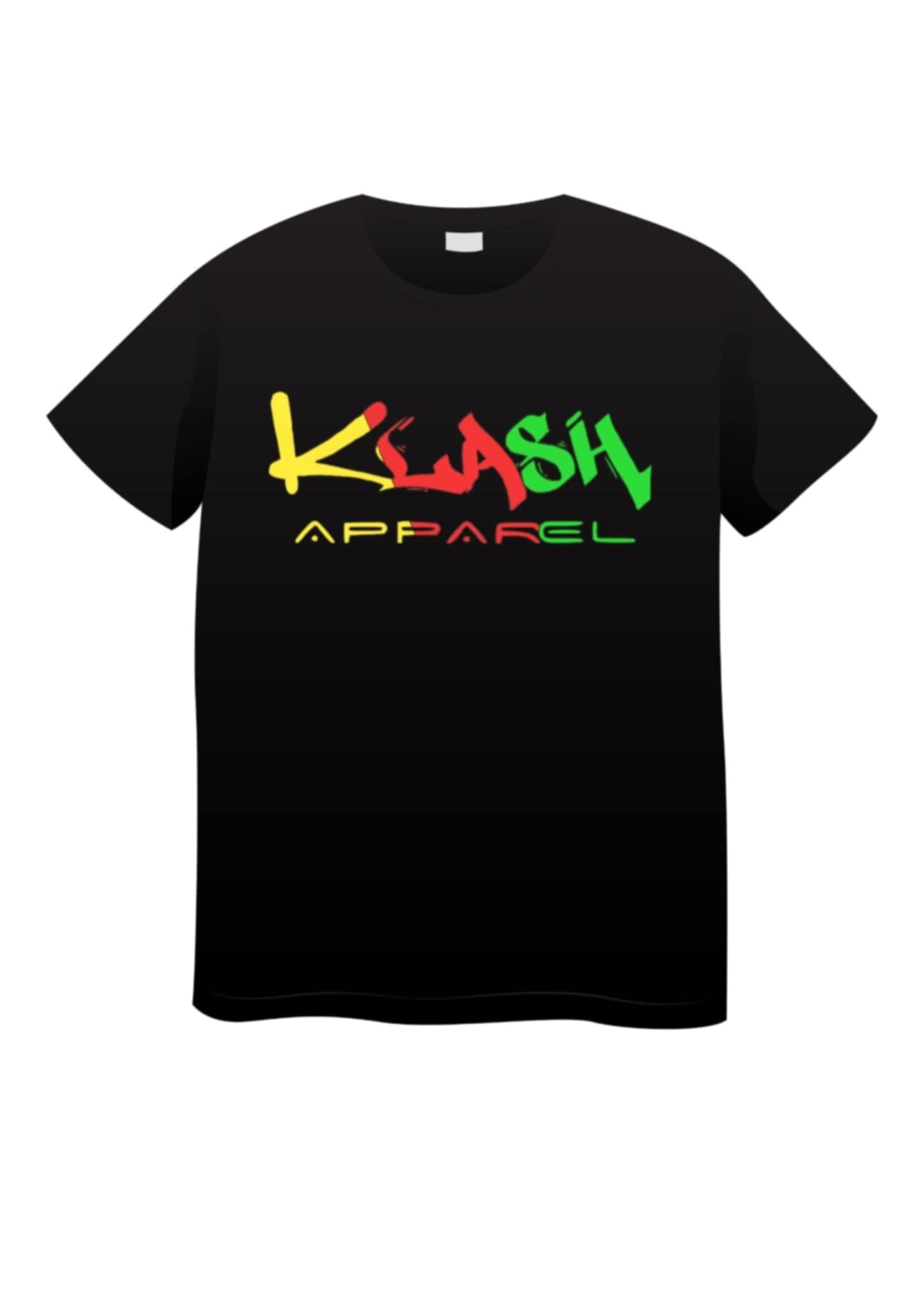 Black t-shirt with colorful 'Klash Apparel' logo on a white background